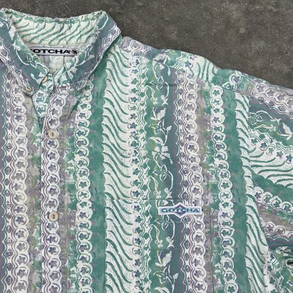 Vintage 90s Gotcha Sport Hawaiian Aloha Shirt Mens XL Tribal Print Surfer Beach - Picture 3 of 8